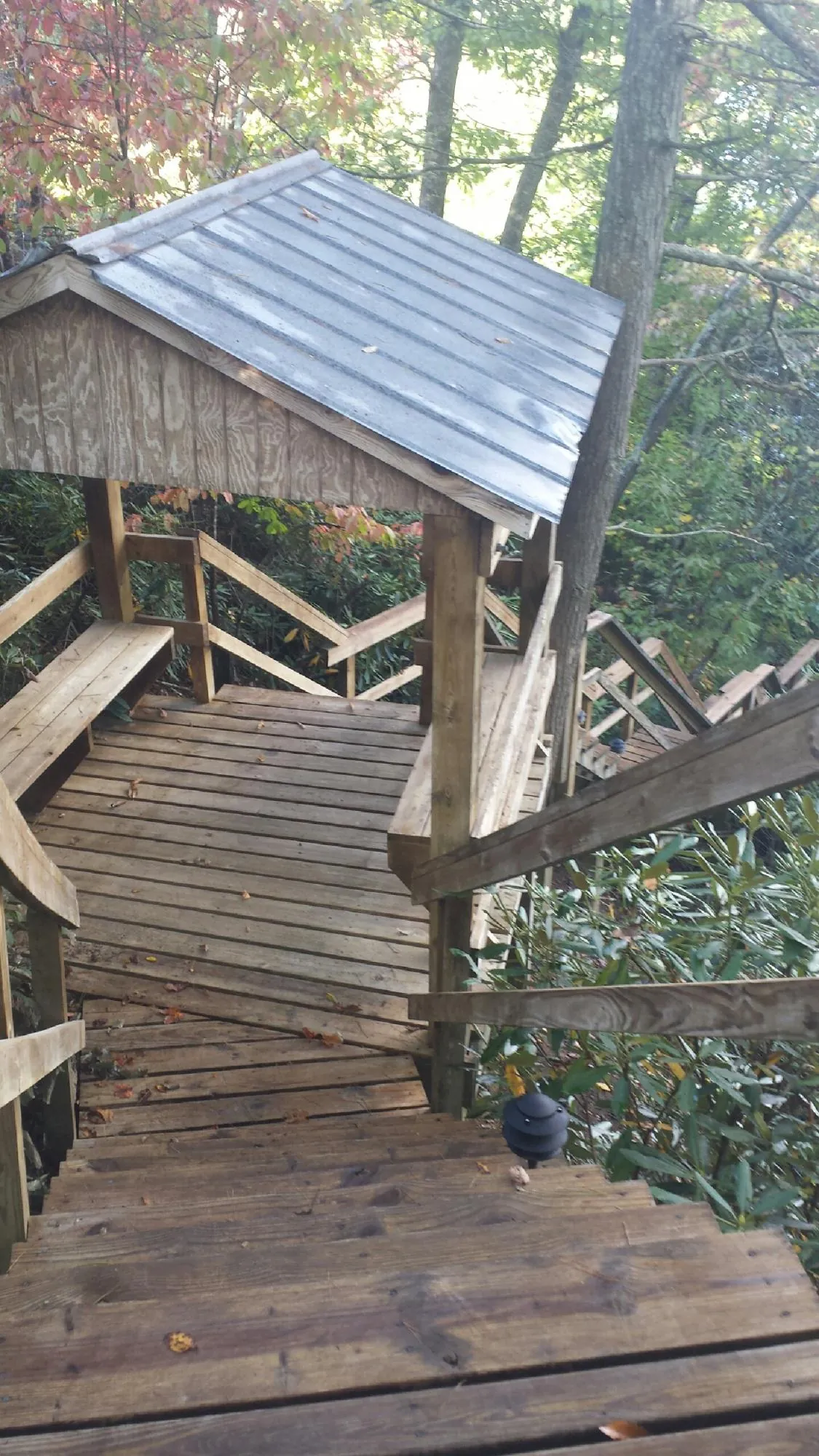 Metal roofed shelter over wooden steps on a wooded walkway — Skylight Repair & Installation work by our crew in Vance